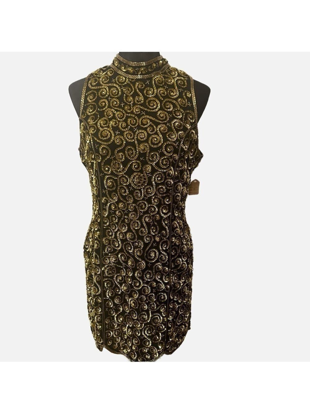Vintage Scala Cocktail Dress Midi Silk Beaded Sequin Sleeveless 8 Gold Black